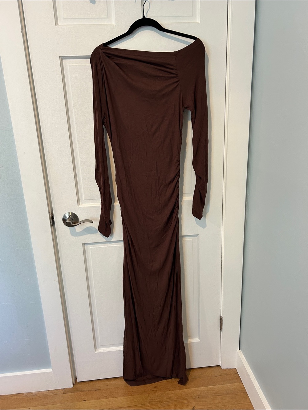 Women's Long Sleeve Brown Maxi Dress with Asymmetric Neckline